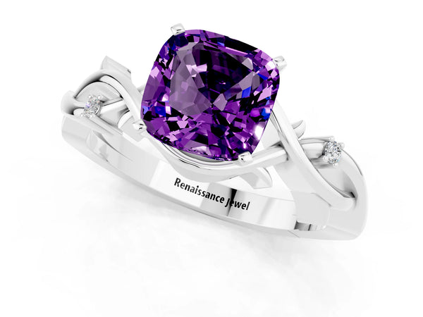 Platinum Cushion Cut Amethyst Solitaire Ring with Twisted Band and Prong Setting