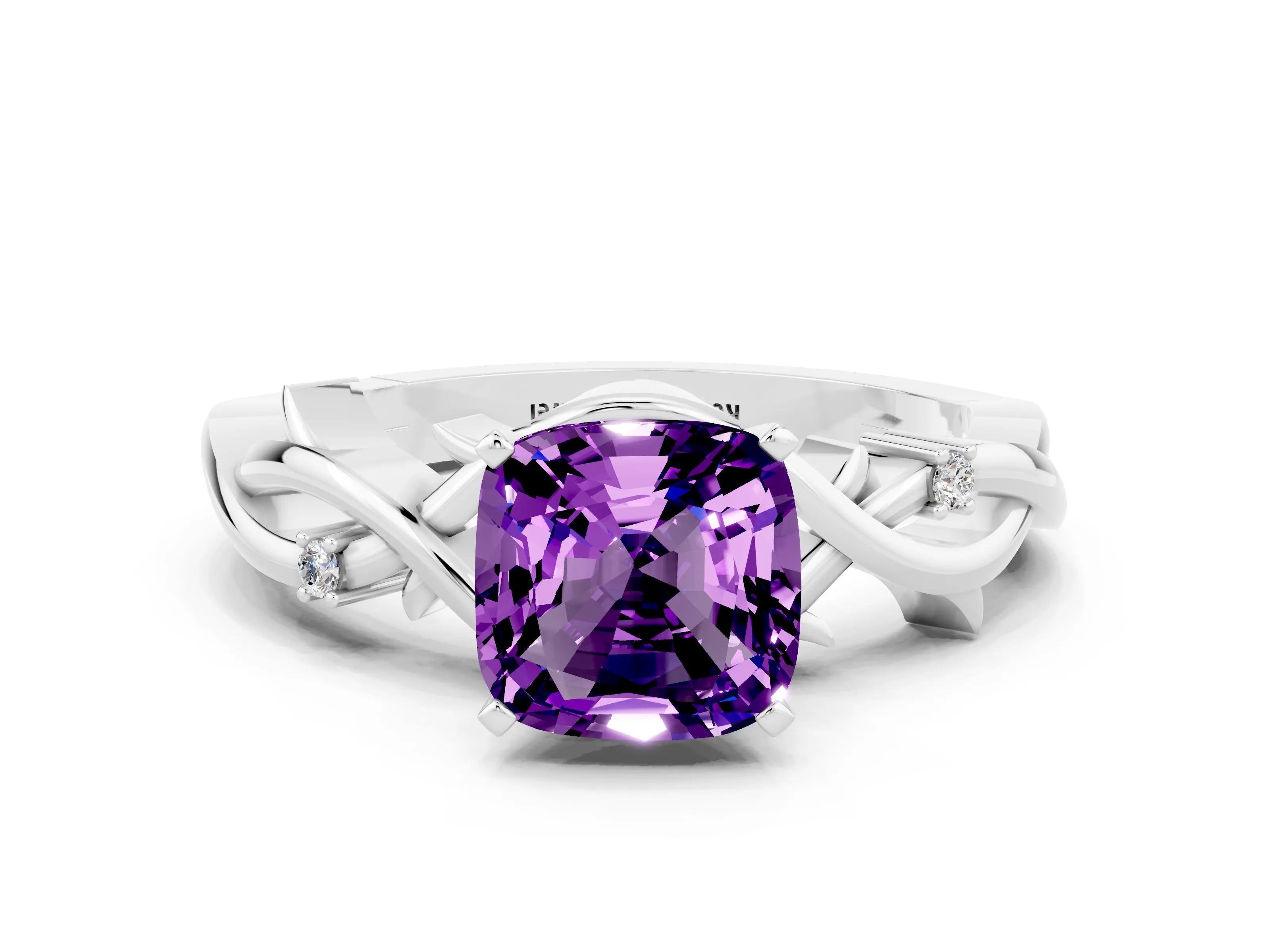 White gold Cushion Cut Amethyst Solitaire Ring with Twisted Band and Prong Setting_12