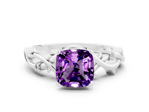 White gold Cushion Cut Amethyst Solitaire Ring with Twisted Band and Prong Setting