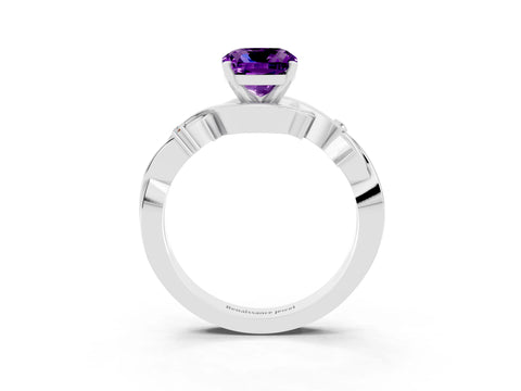 White gold Cushion Cut Amethyst Solitaire Ring with Twisted Band and Prong Setting_15