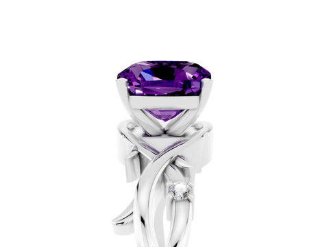 White gold Cushion Cut Amethyst Solitaire Ring with Twisted Band and Prong Setting_17