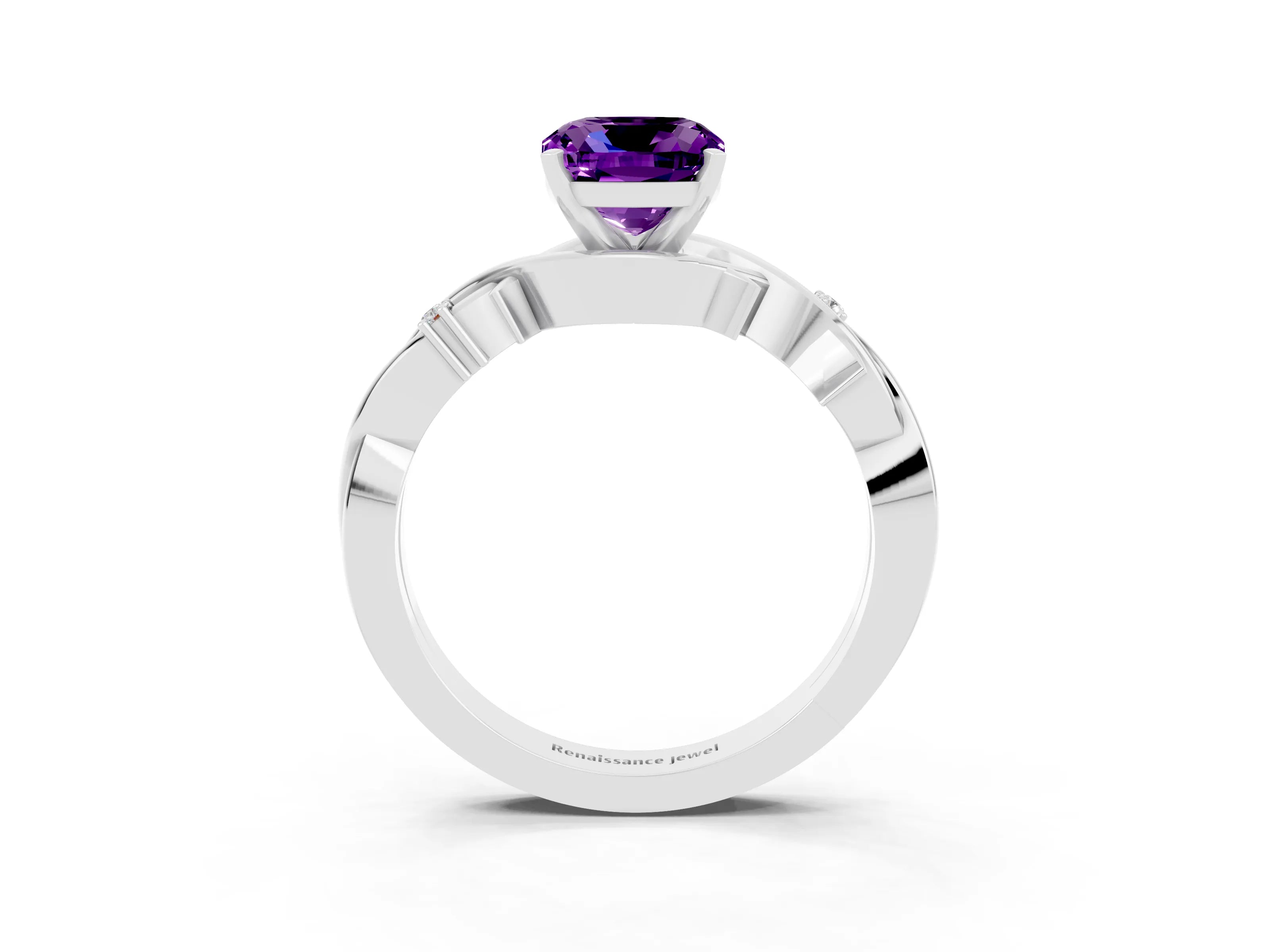 White gold Cushion Cut Amethyst Solitaire Ring with Twisted Band and Prong Setting_3