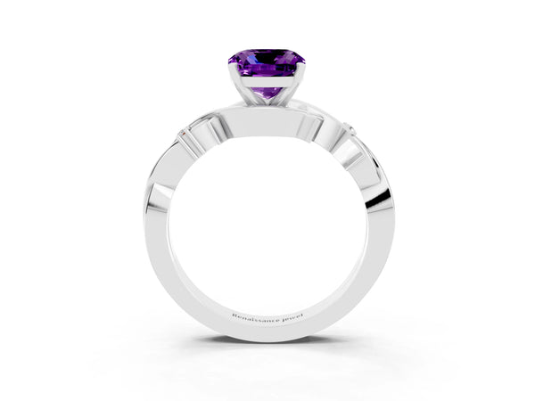 Silver Cushion Cut Amethyst Solitaire Ring with Twisted Band and Prong Setting
