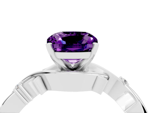 White gold Cushion Cut Amethyst Solitaire Ring with Twisted Band and Prong Setting_4
