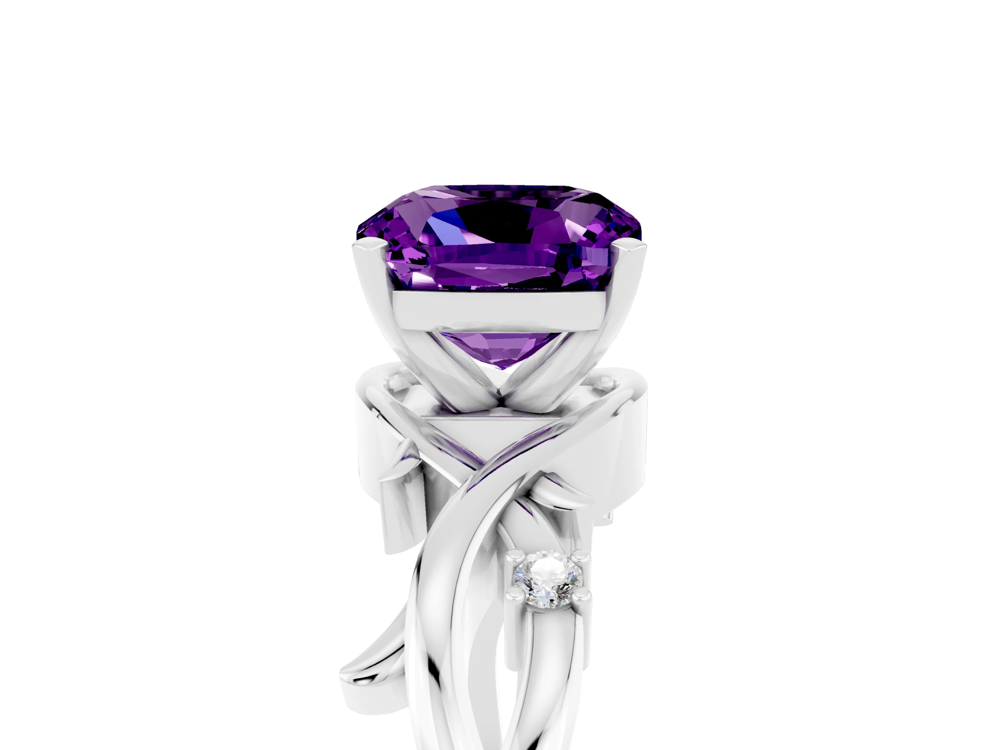 White gold Cushion Cut Amethyst Solitaire Ring with Twisted Band and Prong Setting_5