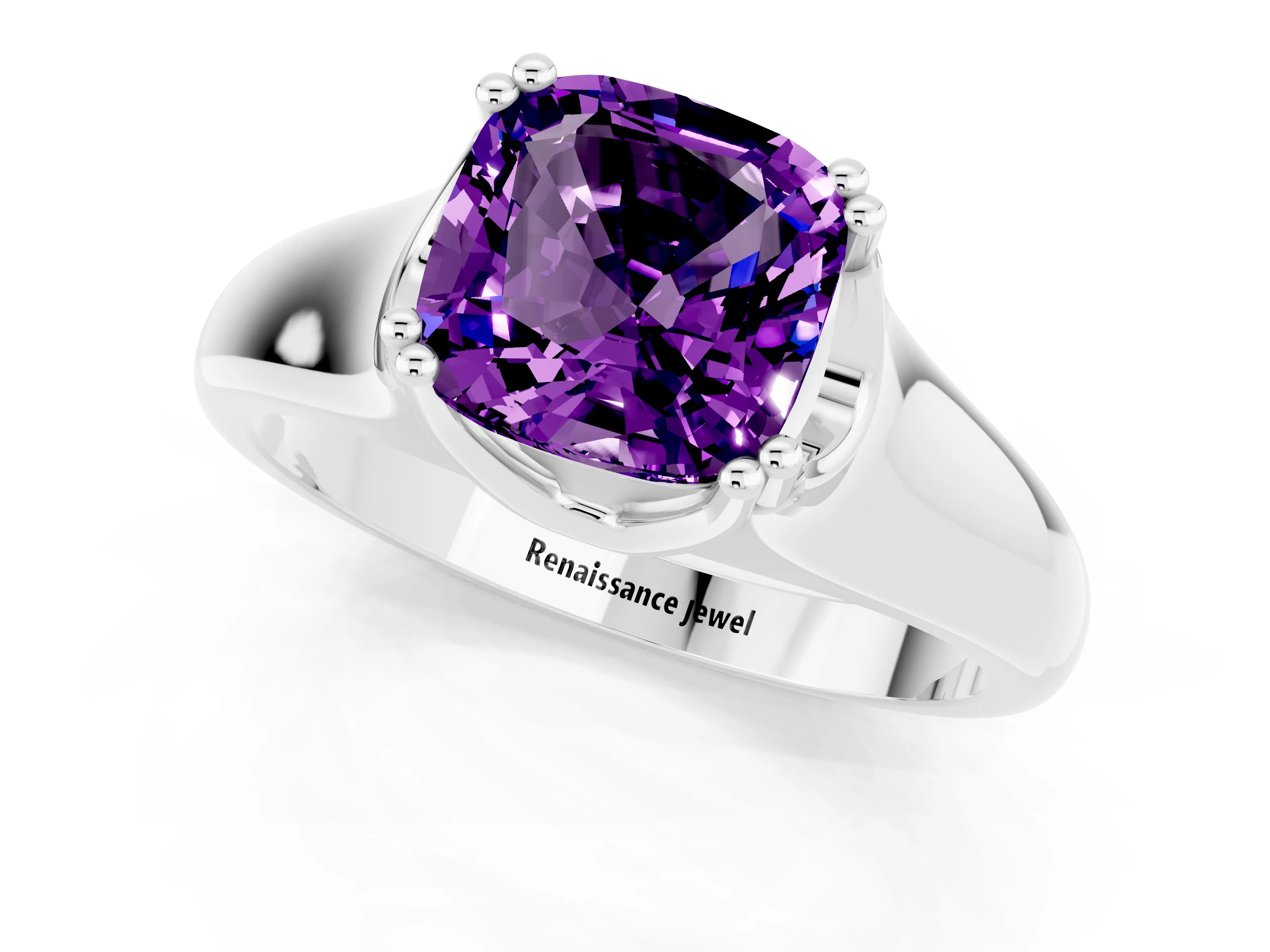 White gold Cushion Cut Amethyst Solitaire Ring with Wide Band and Prong Setting_1
