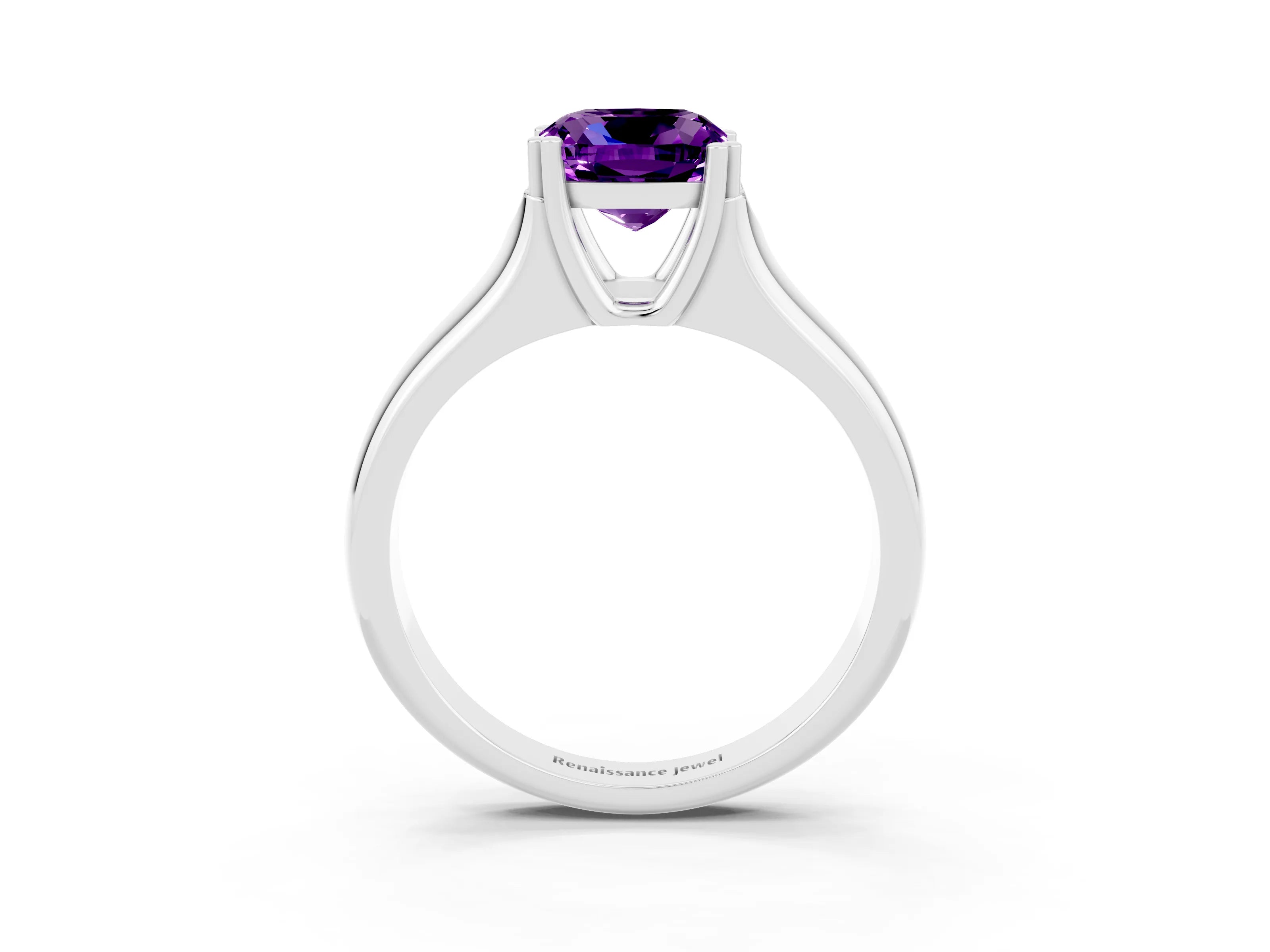 White gold Cushion Cut Amethyst Solitaire Ring with Wide Band and Prong Setting_3