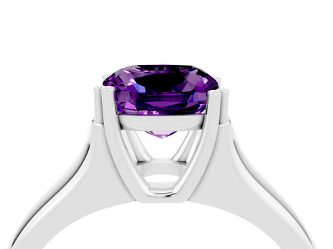 White gold Cushion Cut Amethyst Solitaire Ring with Wide Band and Prong Setting_4