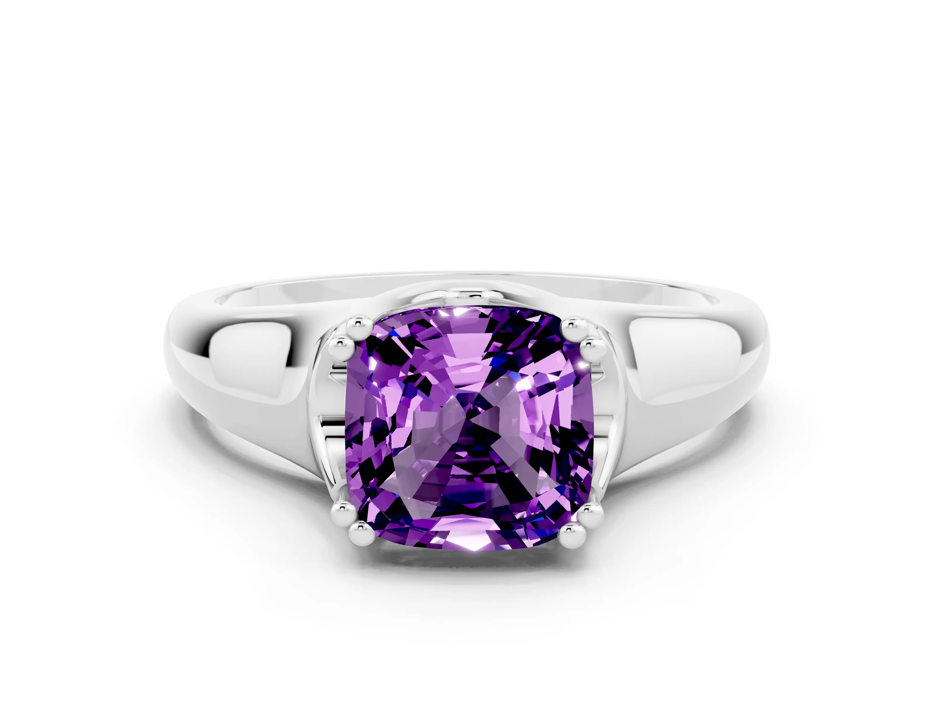 White gold Cushion Cut Amethyst Solitaire Ring with Wide Band and Prong Setting