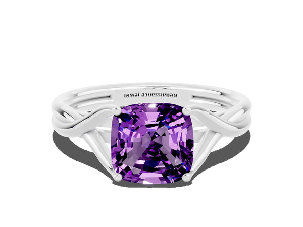 White gold Cushion Cut Amethyst Solitaire Twist Band Prong Setting Ring