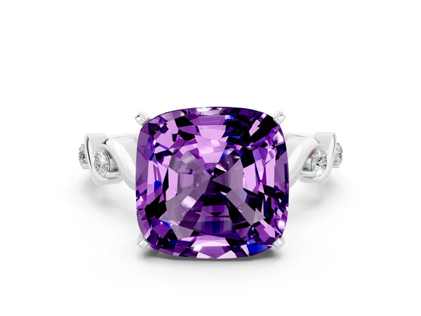 Silver Cushion Cut Amethyst Solitaire Twisted Band with Round  Accents and Prong Setting