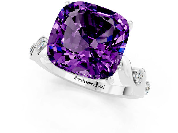 Platinum Cushion Cut Amethyst Solitaire Twisted Band with Round  Accents and Prong Setting