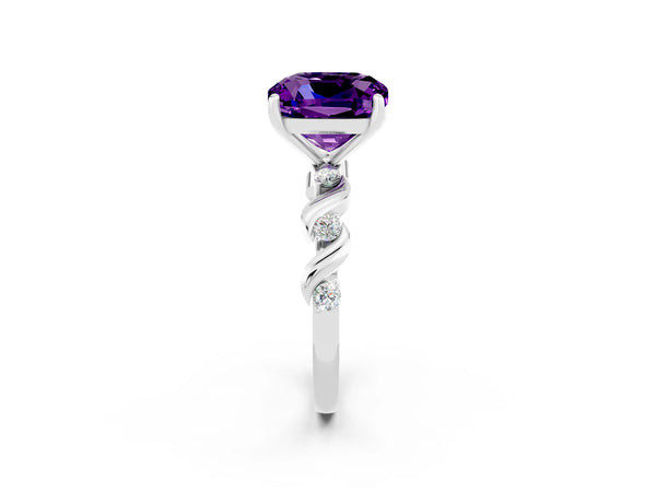 Silver Cushion Cut Amethyst Solitaire Twisted Band with Round  Accents and Prong Setting