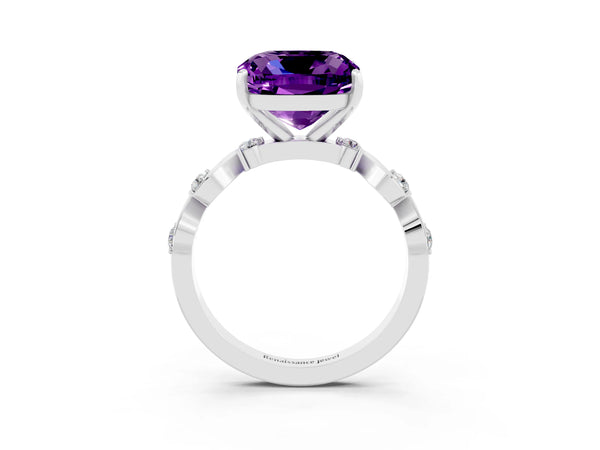 Platinum Cushion Cut Amethyst Solitaire Twisted Band with Round  Accents and Prong Setting