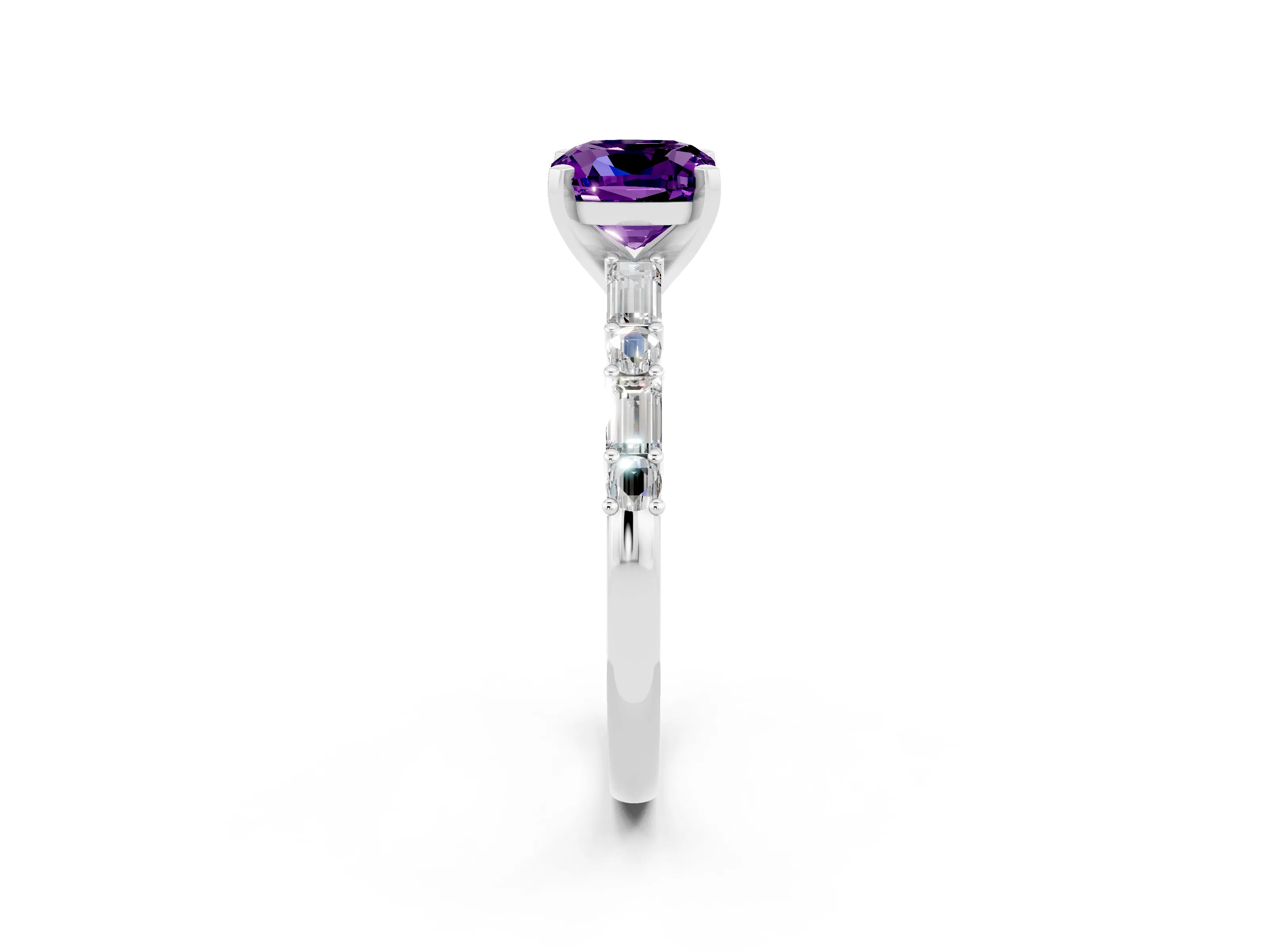 White gold Cushion Cut Amethyst Solitaire with Side Baguettes and Channel Set Band_2