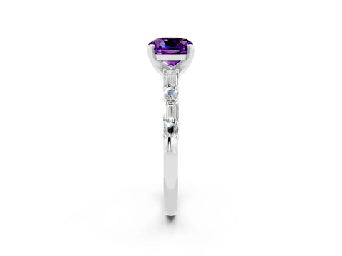 White gold Cushion Cut Amethyst Solitaire with Side Baguettes and Channel Set Band_2