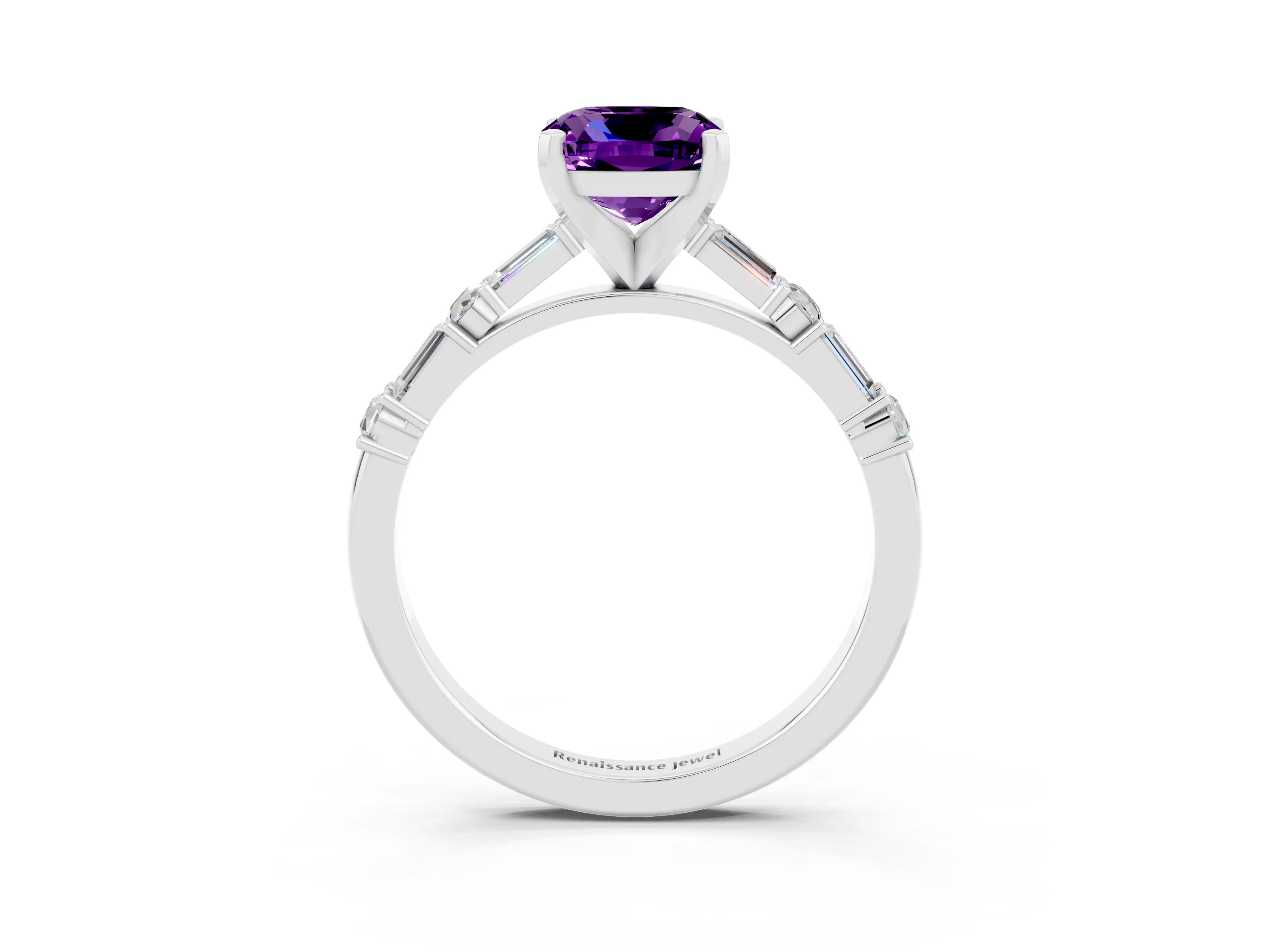 White gold Cushion Cut Amethyst Solitaire with Side Baguettes and Channel Set Band_3