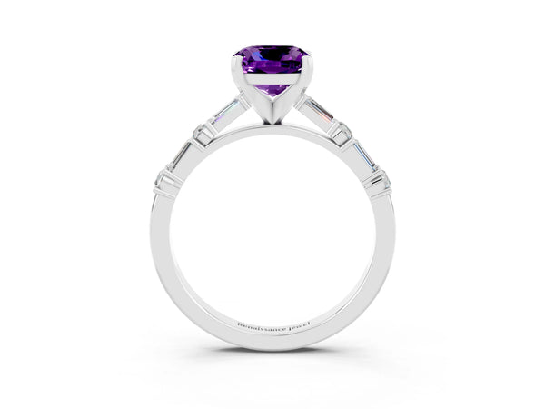 Silver Cushion Cut Amethyst Solitaire with Side Baguettes and Channel Set Band
