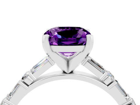 White gold Cushion Cut Amethyst Solitaire with Side Baguettes and Channel Set Band_4