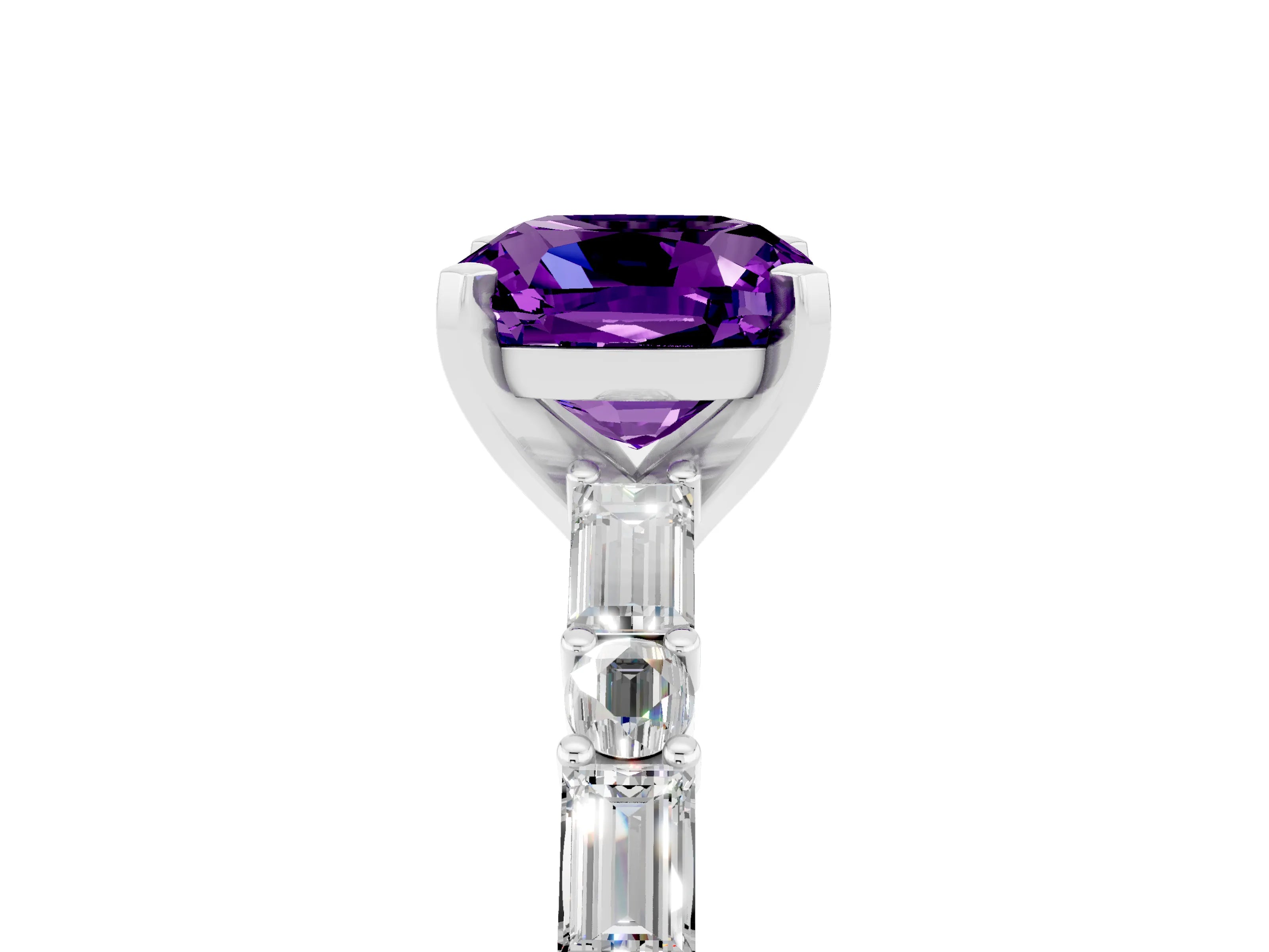 White gold Cushion Cut Amethyst Solitaire with Side Baguettes and Channel Set Band_5