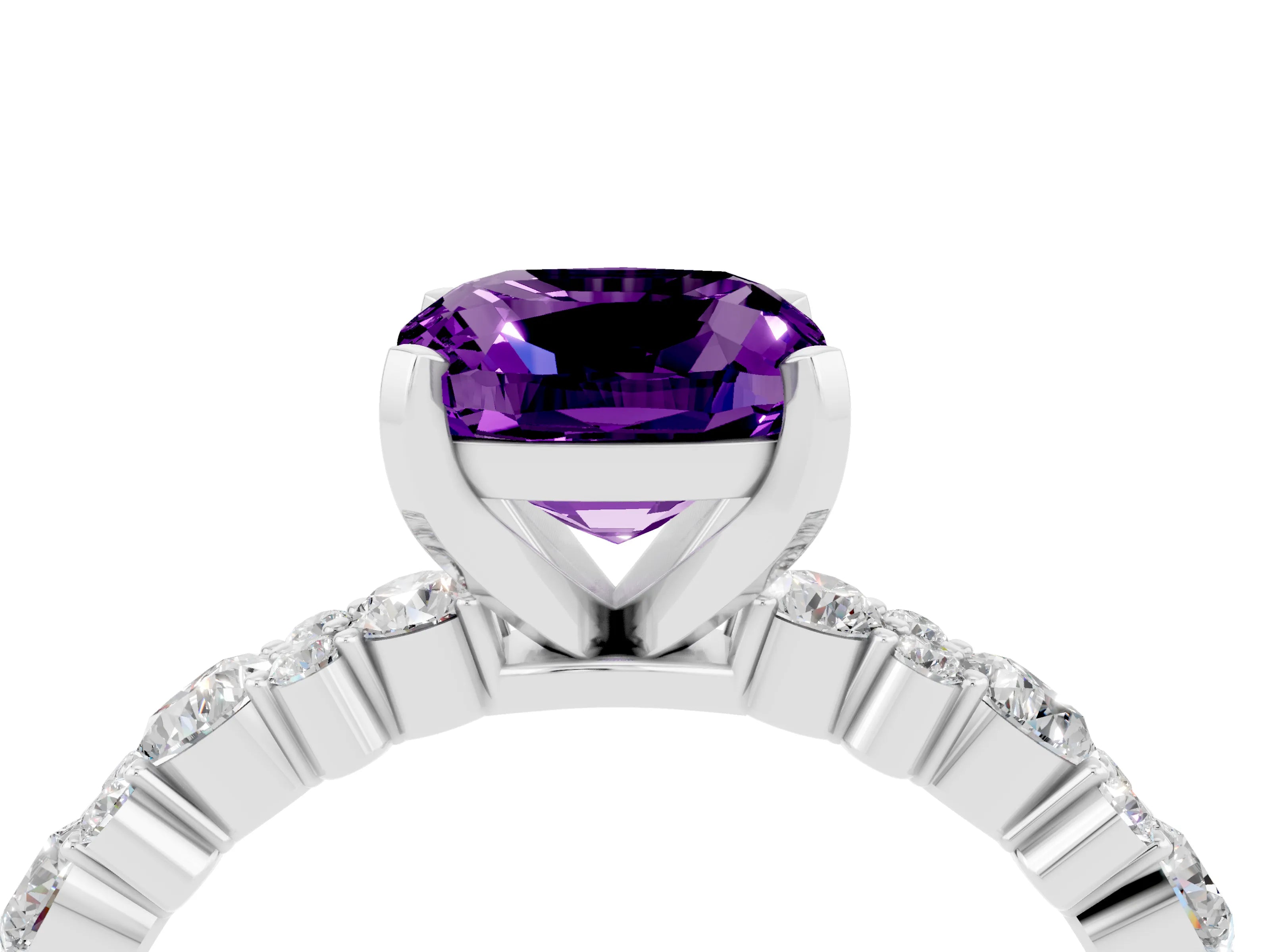 White gold Cushion Cut Amethyst Solitaire with Side Stones, Pave Band, Four-Prong Setting_16