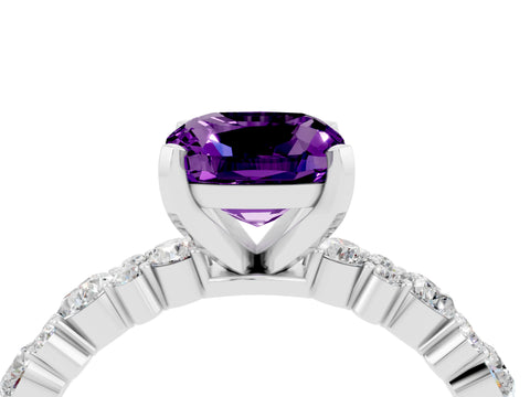 White gold Cushion Cut Amethyst Solitaire with Side Stones, Pave Band, Four-Prong Setting_16