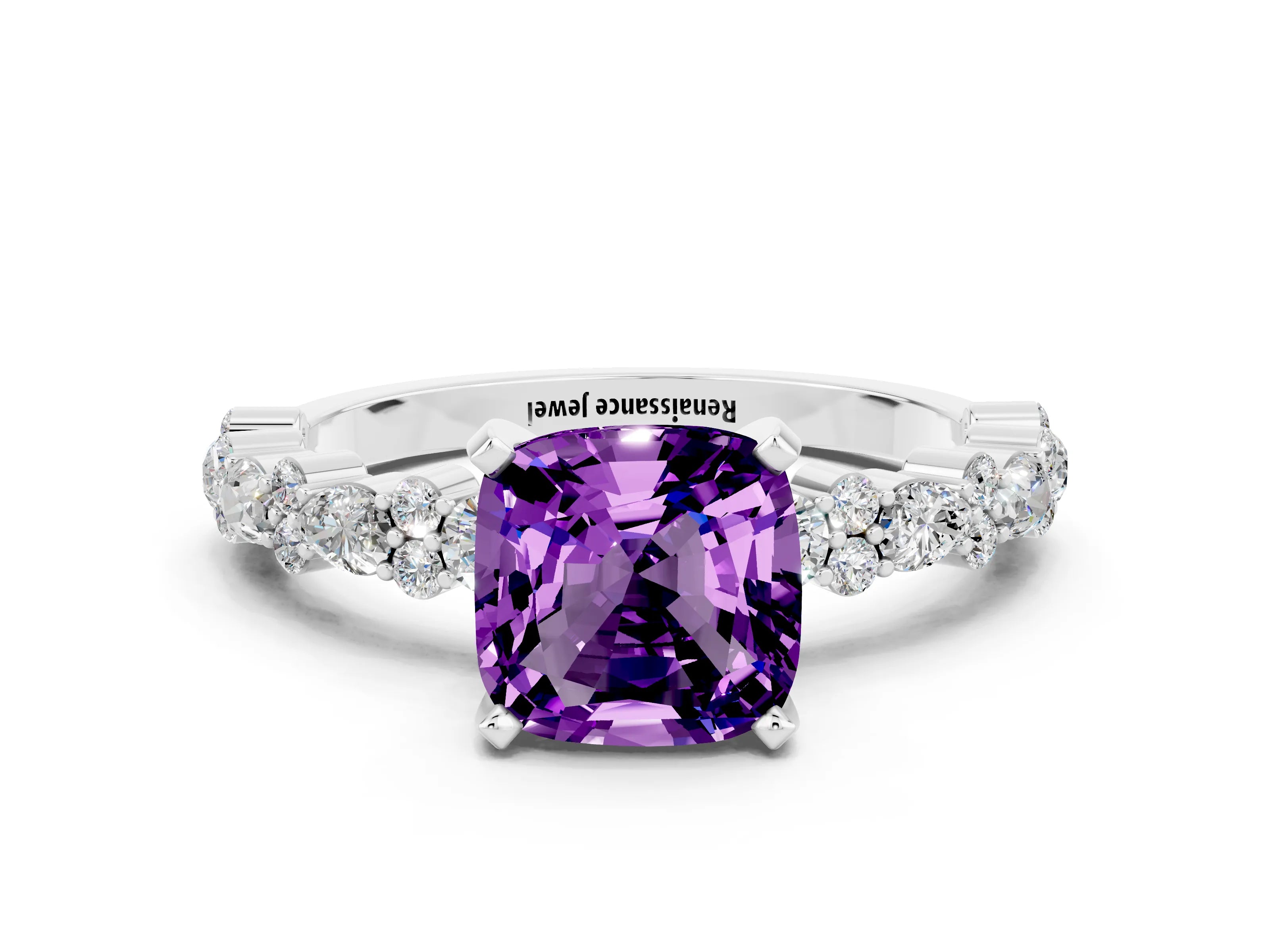 White gold Cushion Cut Amethyst Solitaire with Side Stones, Pave Band, Four-Prong Setting_36