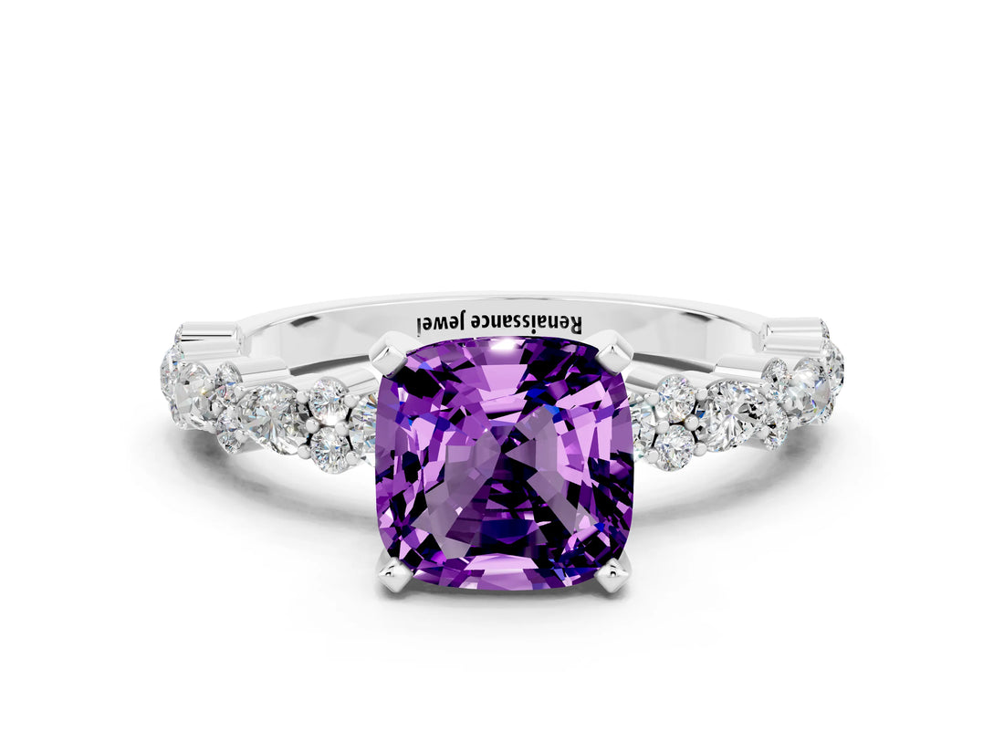 White gold Cushion Cut Amethyst Solitaire with Side Stones, Pave Band, Four-Prong Setting_36