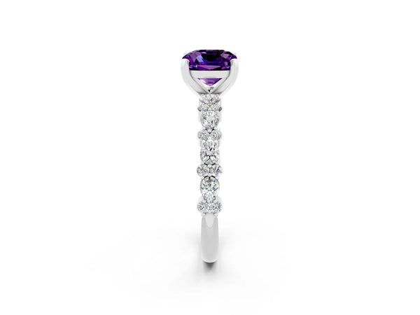 Platinum Cushion Cut Amethyst Side Stone Solitaire Ring with Round  and Four-Prong Setting