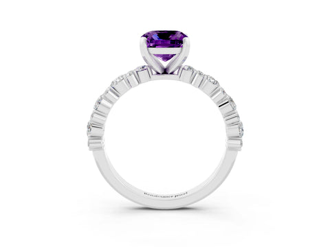 White gold Cushion Cut Amethyst Solitaire with Side Stones, Pave Band, Four-Prong Setting_39
