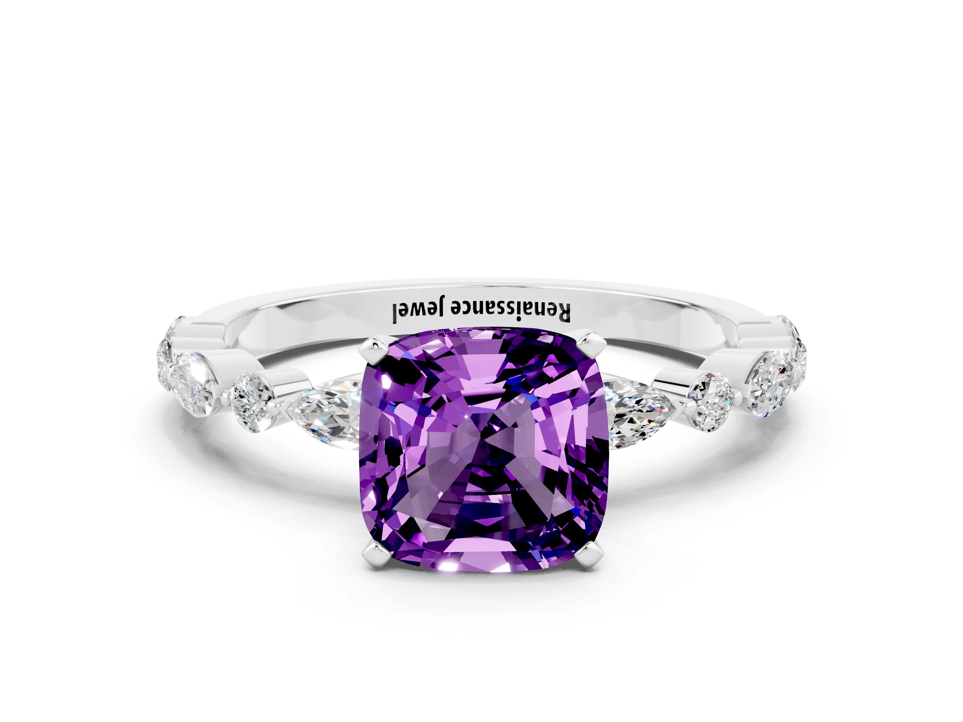 White gold Cushion Cut Amethyst Solitaire with Side Stones on a Pavé Band and Four-Prong Setting