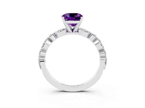 White gold Cushion Cut Amethyst Solitaire with Side Stones on a Pavé Band and Four-Prong Setting_3