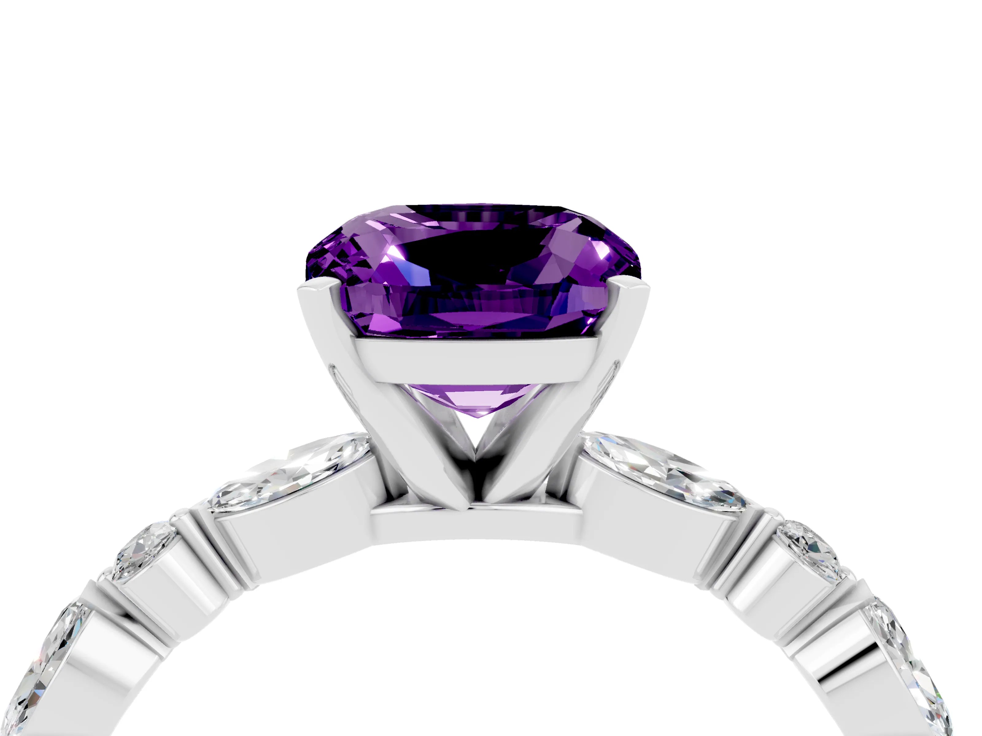 White gold Cushion Cut Amethyst Solitaire with Side Stones on a Pavé Band and Four-Prong Setting_4