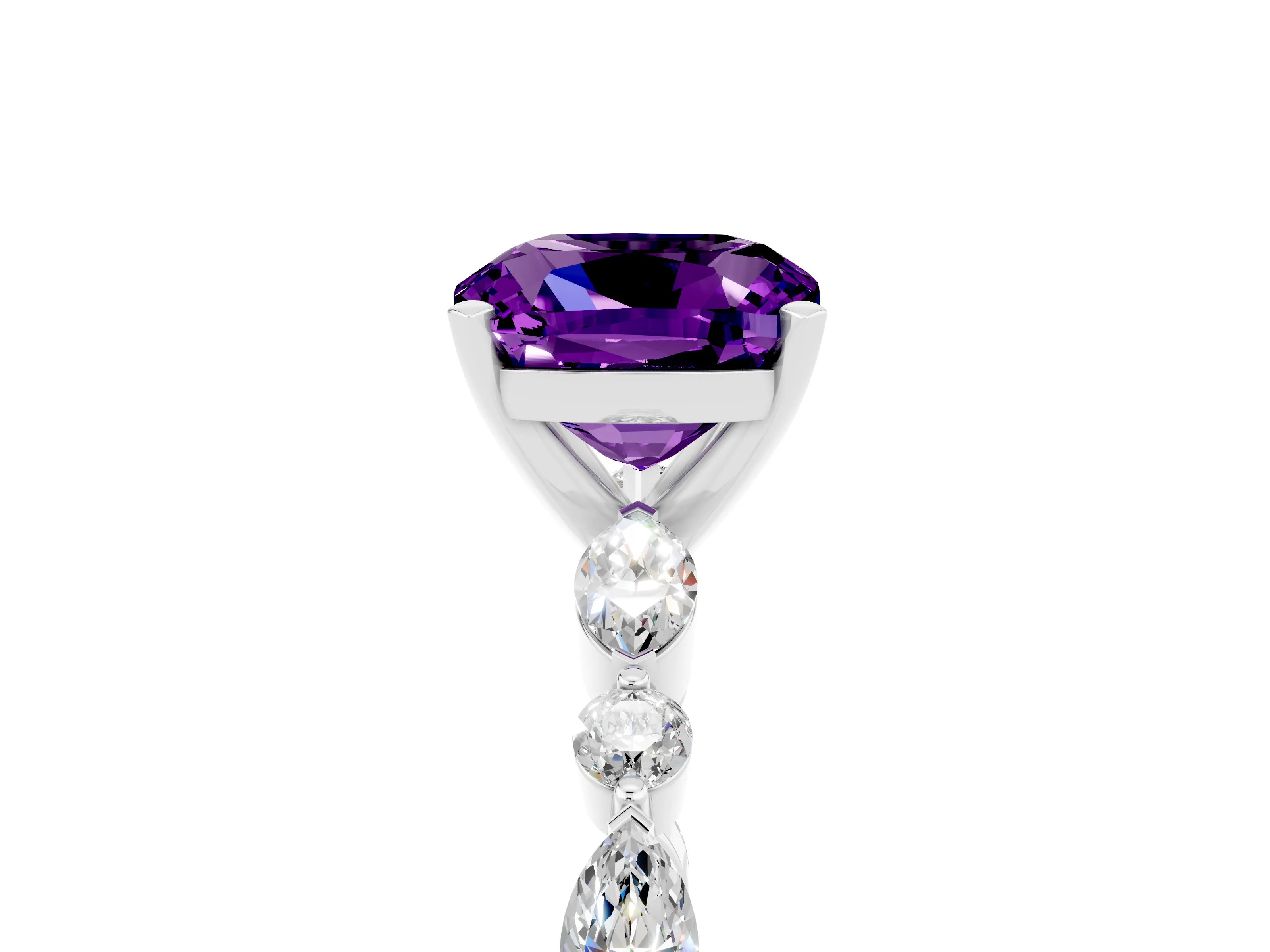 White gold Cushion Cut Amethyst Solitaire with Side Stones on a Pavé Band and Four-Prong Setting_5