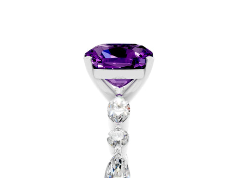 White gold Cushion Cut Amethyst Solitaire with Side Stones on a Pavé Band and Four-Prong Setting_5