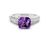 White gold Cushion Cut Amethyst Split Shank Engagement Ring with Pavé Band