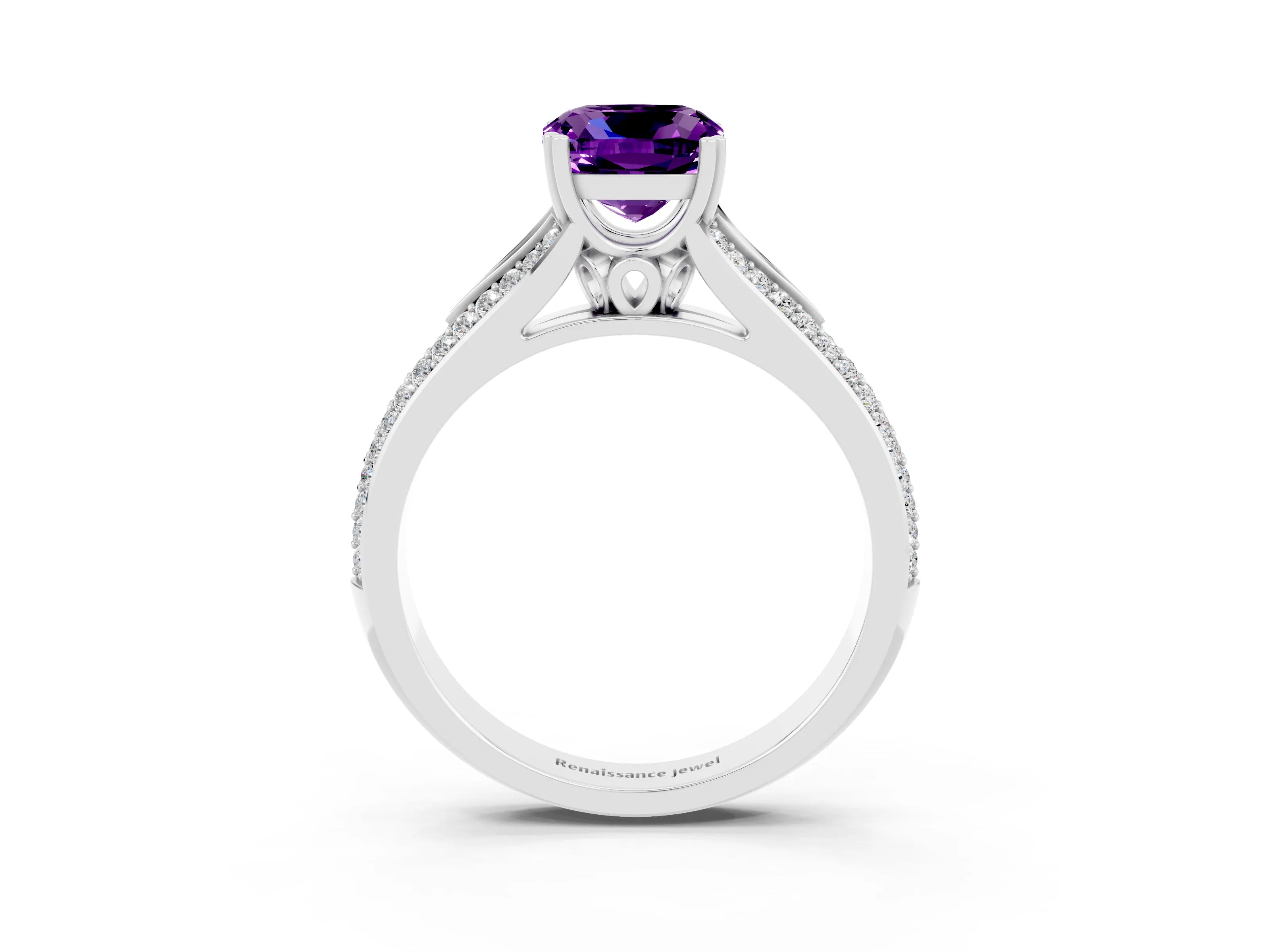 White gold Cushion Cut Amethyst Split Shank Engagement Ring with Pavé Band_3