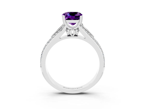 Platinum Cushion Cut Amethyst Split Shank Engagement Ring with Pavé Band