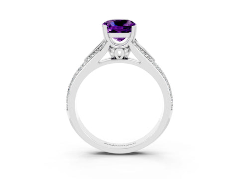 White gold Cushion Cut Amethyst Split Shank Engagement Ring with Pavé Band_3