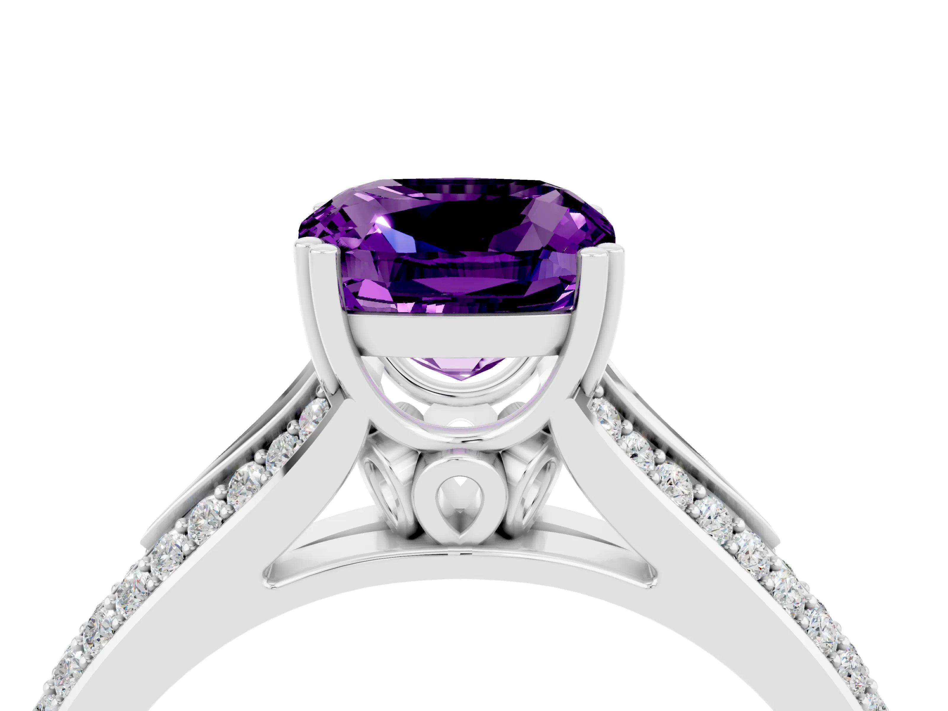 White gold Cushion Cut Amethyst Split Shank Engagement Ring with Pavé Band_4