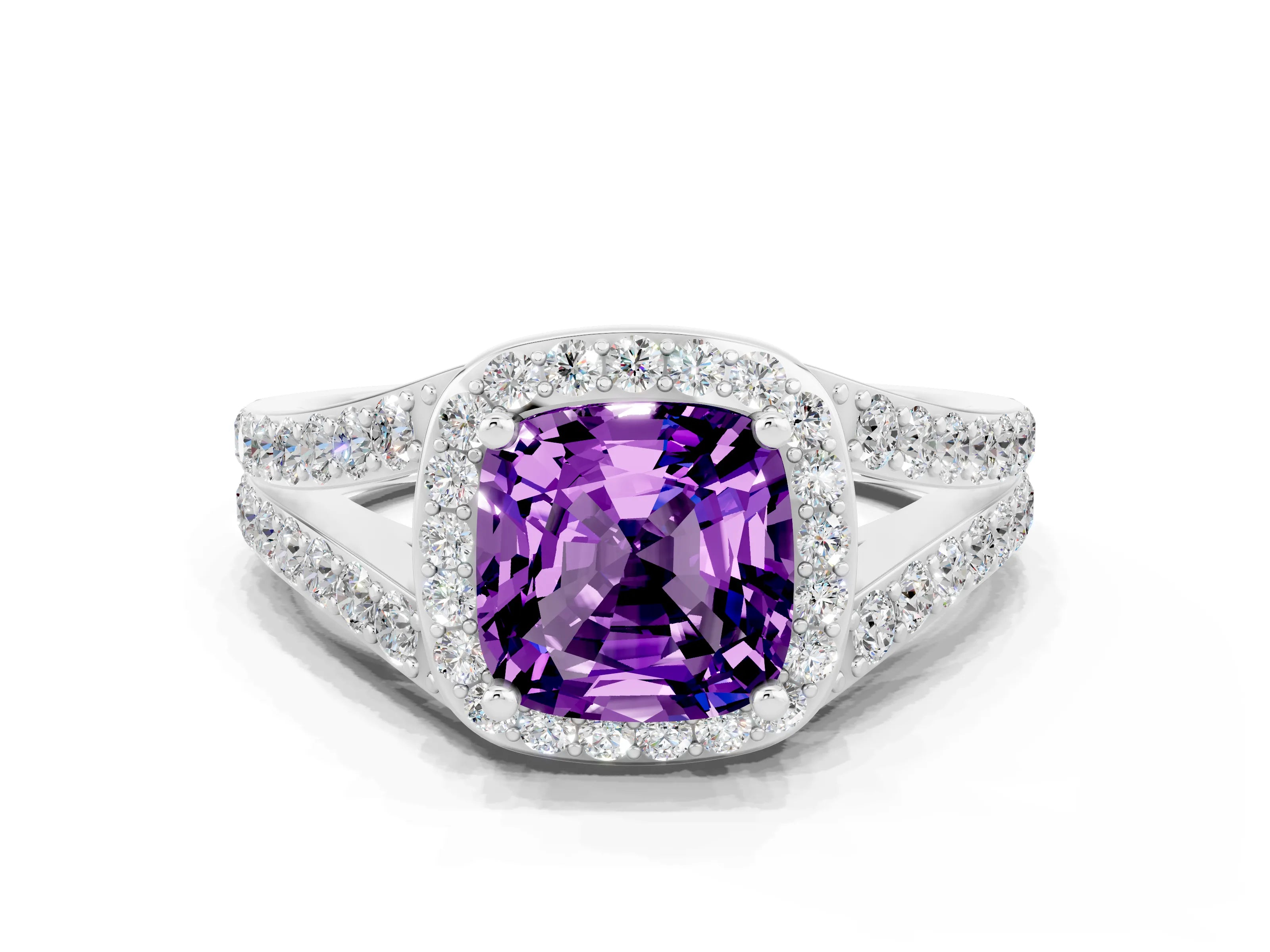 White gold Cushion Cut Amethyst Split Shank Halo Ring with Four-Prong Setting_12