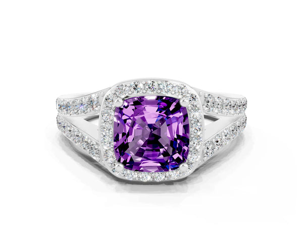 Silver Cushion Cut Amethyst Split Shank Halo Ring with Four-Prong Setting