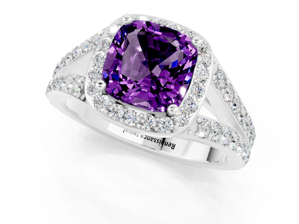 Platinum Cushion Cut Amethyst Split Shank Halo Ring with Four-Prong Setting
