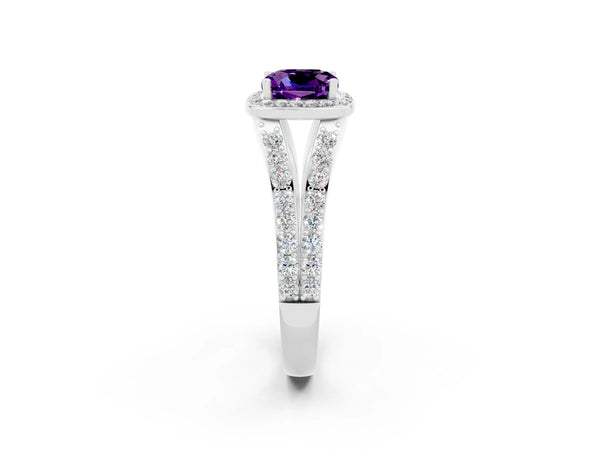 Silver Cushion Cut Amethyst Split Shank Halo Ring with Four-Prong Setting