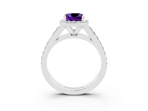 White gold Cushion Cut Amethyst Split Shank Halo Ring with Four-Prong Setting_15