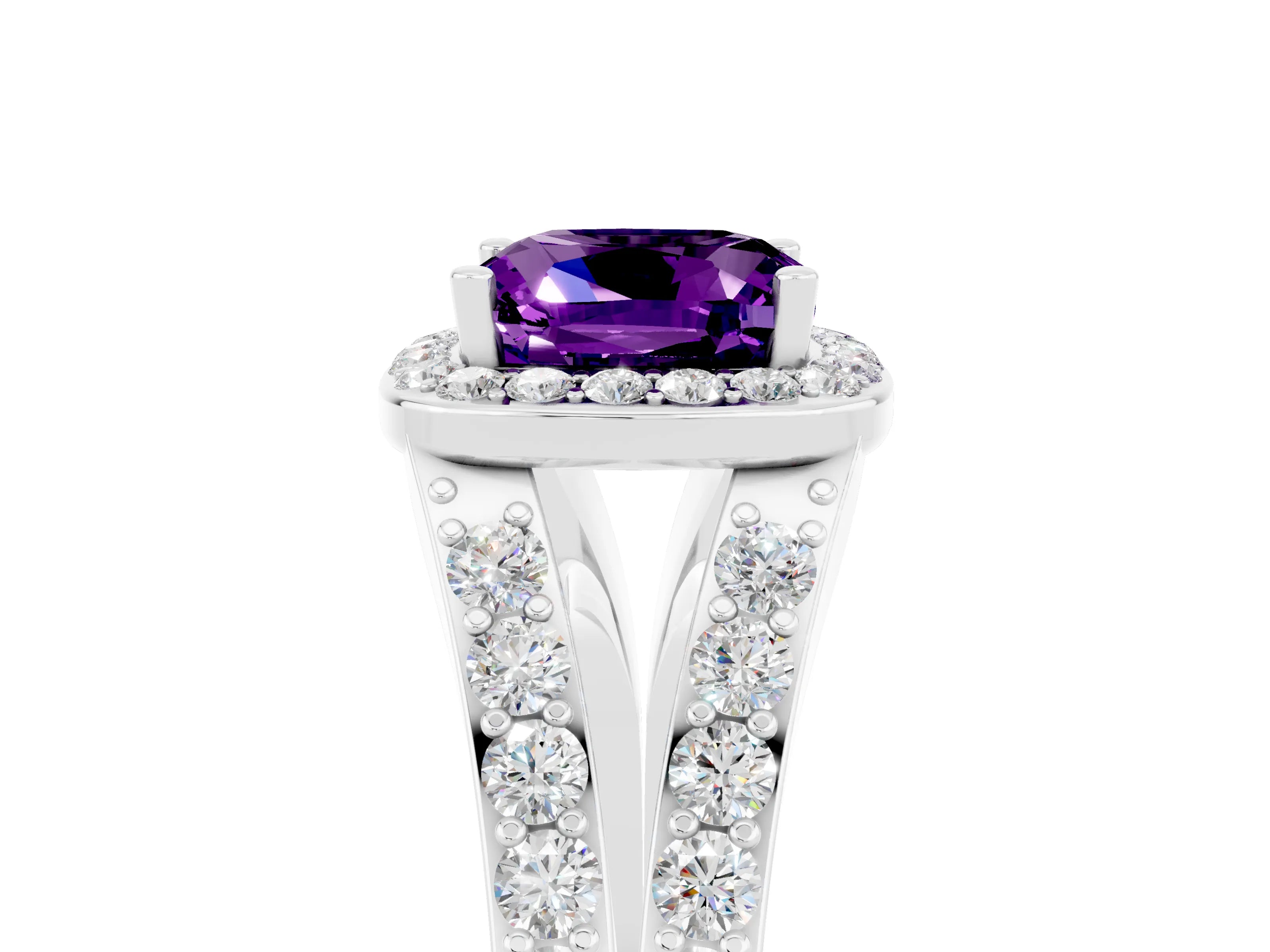 White gold Cushion Cut Amethyst Split Shank Halo Ring with Four-Prong Setting_17