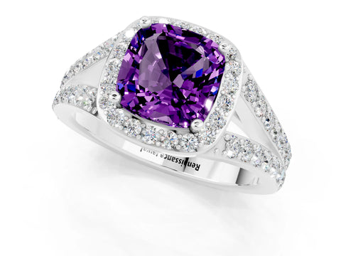 White gold Cushion Cut Amethyst Split Shank Halo Ring with Four-Prong Setting_25