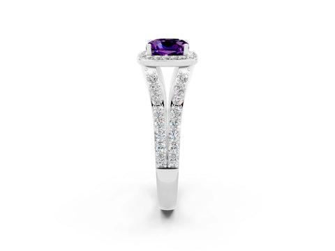 White gold Cushion Cut Amethyst Split Shank Halo Ring with Four-Prong Setting_26