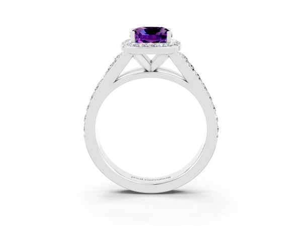 White gold Cushion Cut Amethyst Split Shank Halo Ring with Four-Prong Setting