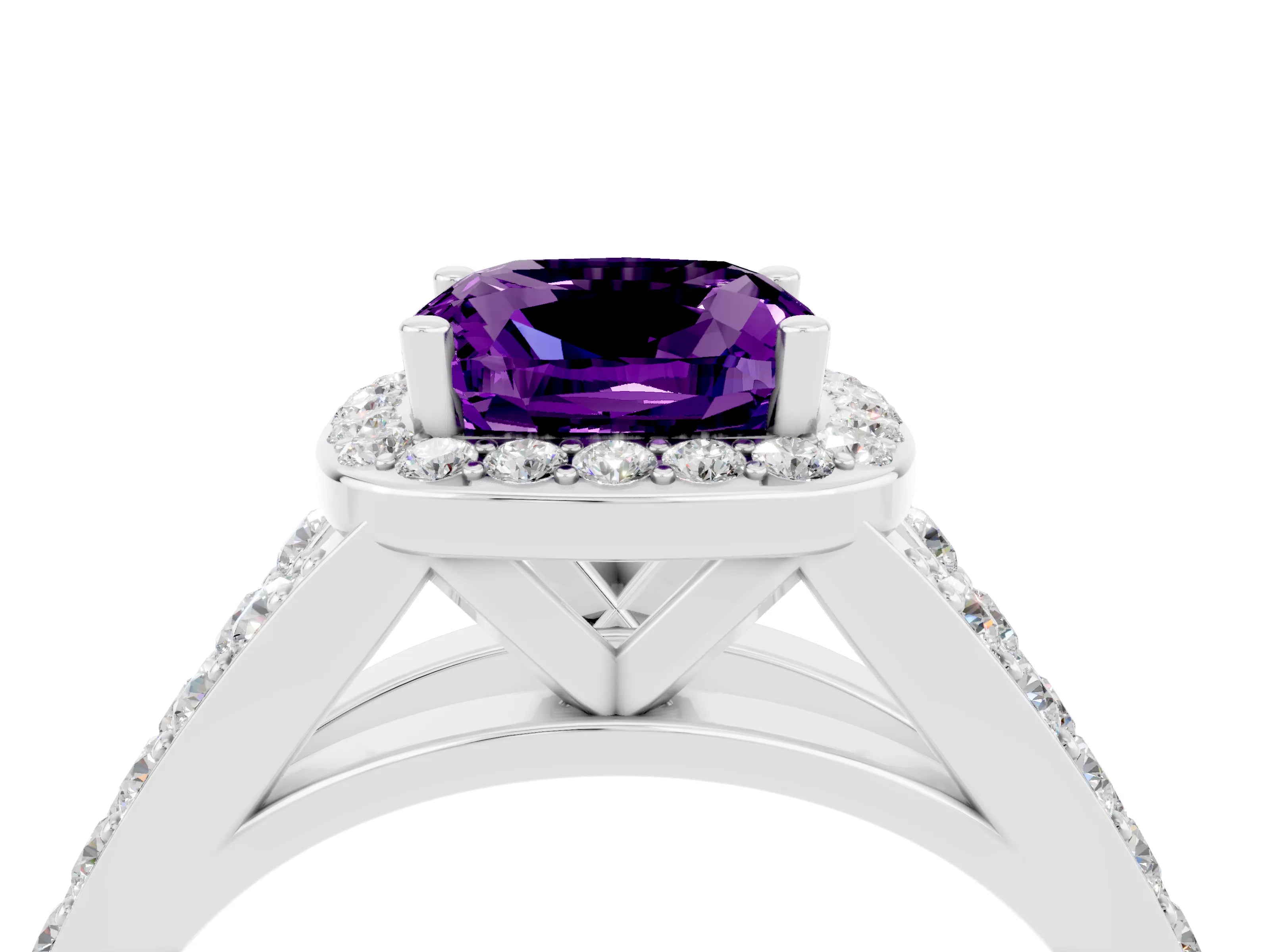 White gold Cushion Cut Amethyst Split Shank Halo Ring with Four-Prong Setting_28